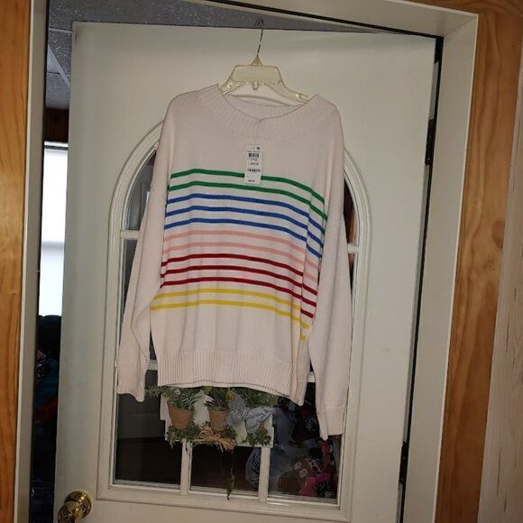 New Style & Co Off White Multi Color Stripe Sweater Size Women's L - Picture 1 of 2